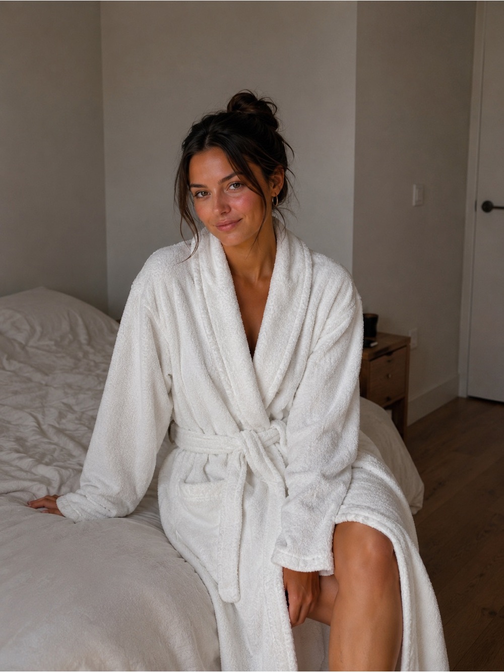 Kahaf Collection White 100% Cotton Plush Bathrobe Belted Spa Robe Pockets